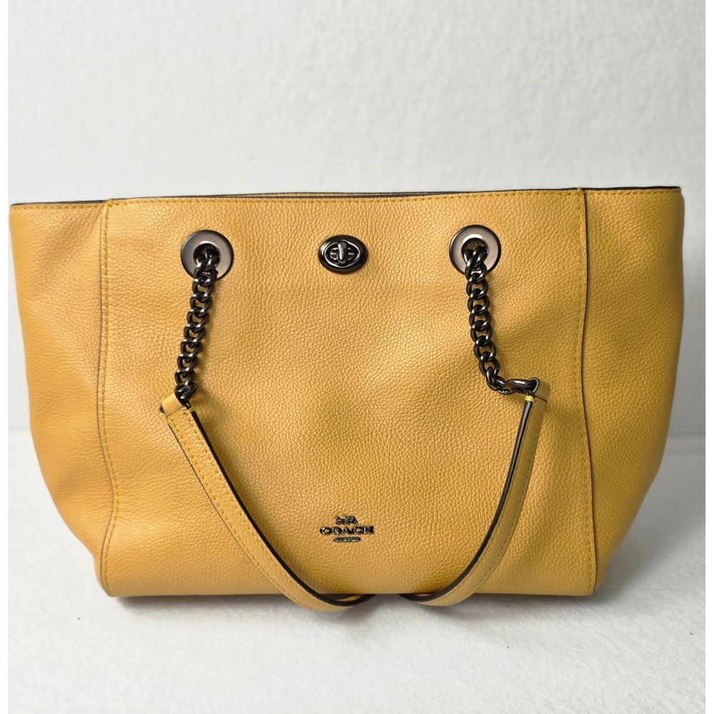 Coach Pebble Leather Chain Tote Mustard Yellow Turnlock Shoulder Bag Large 57107